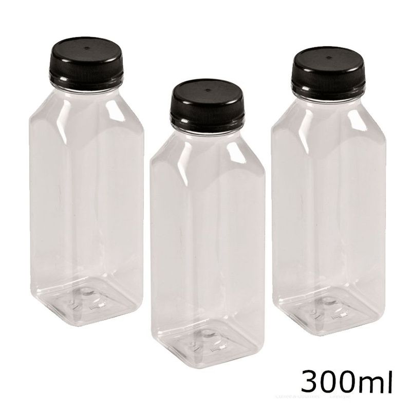 Garrafa Pet Quadrada com Tampa Preta Lacre para Chocolate Cremoso - 300ml - 3 unidades - Magazine 25