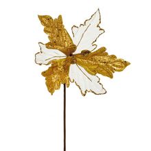 Flor Cabo Curto Branco e Ouro com Glitter 20cm - 01 unidade - Cromus Natal - Magazine 25