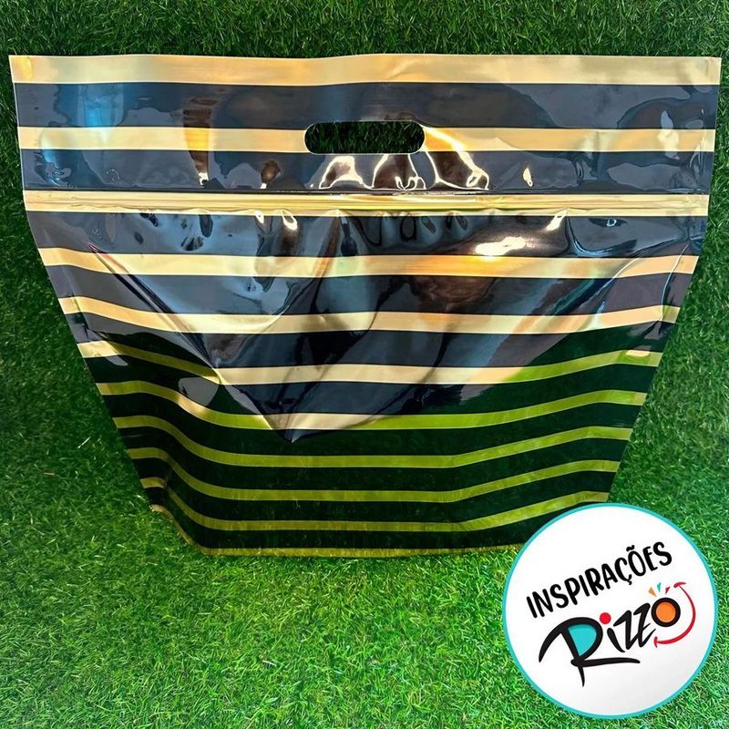 Sacola Metalizada com Zip P - Listras Preto/Ouro - 1 unidade - Cromus - Magazine 25