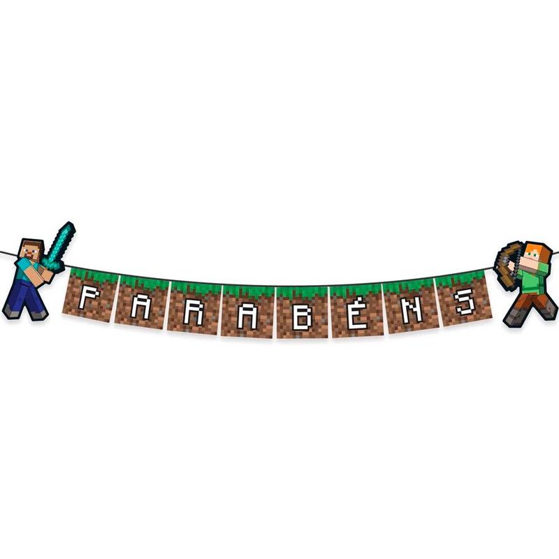 Faixa Decorativa "Parabéns" Minecraft - 180 cm x 21 cm - 1 unidade - Cromus - Rizzo