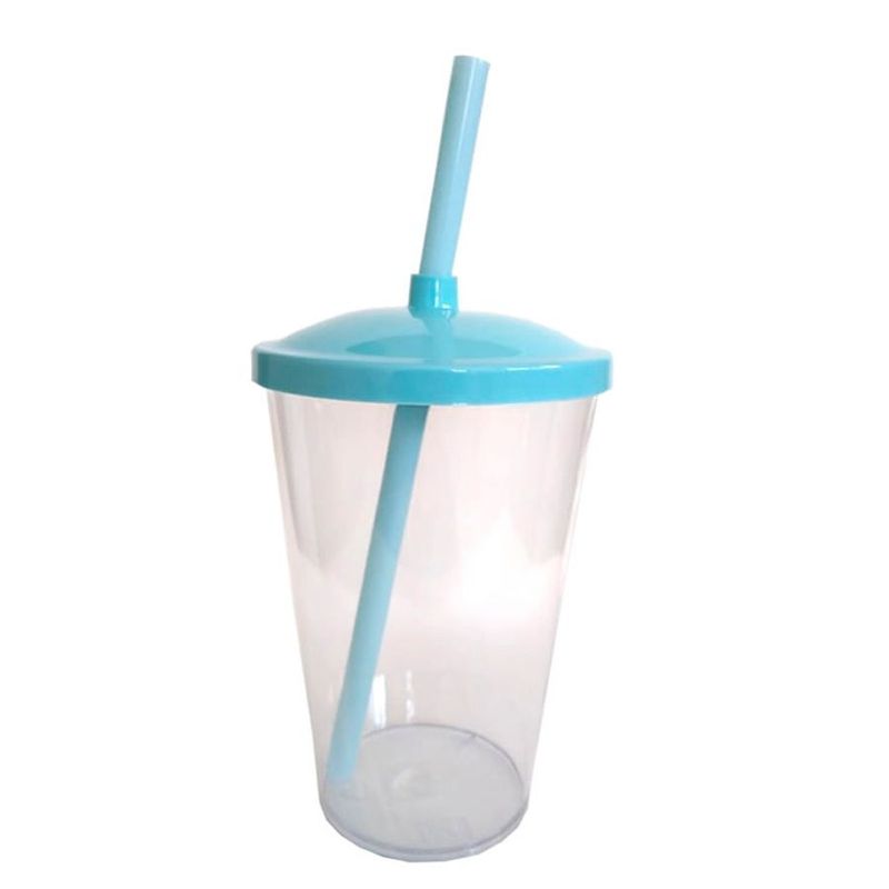Copo de Plástico com Tampa e Canudo 300ml - Azul Claro - 1 unidade - Magazine 25