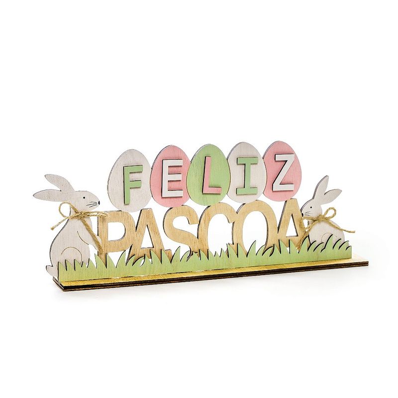 Placa Feliz Páscoa em Madeira Natural Coelhos e Ovinhos - 13cm x 30cm - Cromus Páscoa