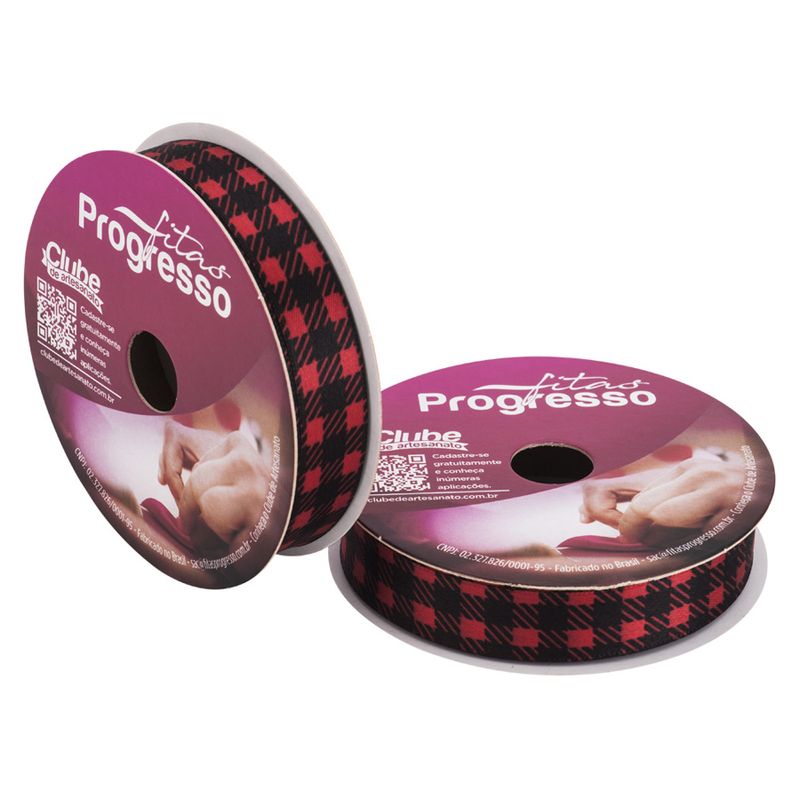 Fita de Cetim ECF003TR 15mm - Cor 041 - Xadrez Vermelho e Preto - Rolo 10 metros  - 1 unidade - Progresso  - Magazine 25