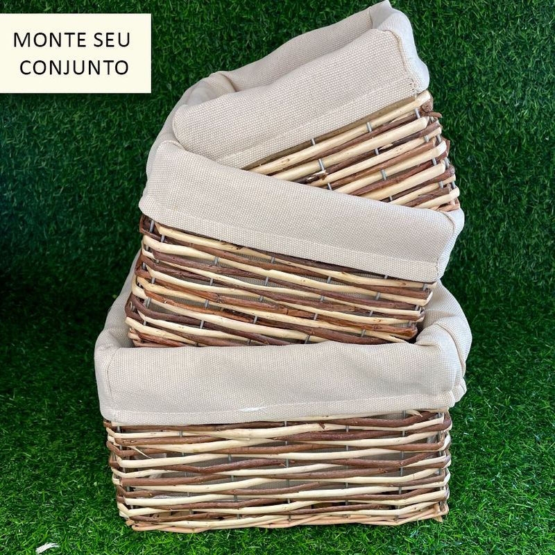 Cesta Quadrada com Tecido P - Bege - 16x16x12cm - 1 unidade - Magazine 25