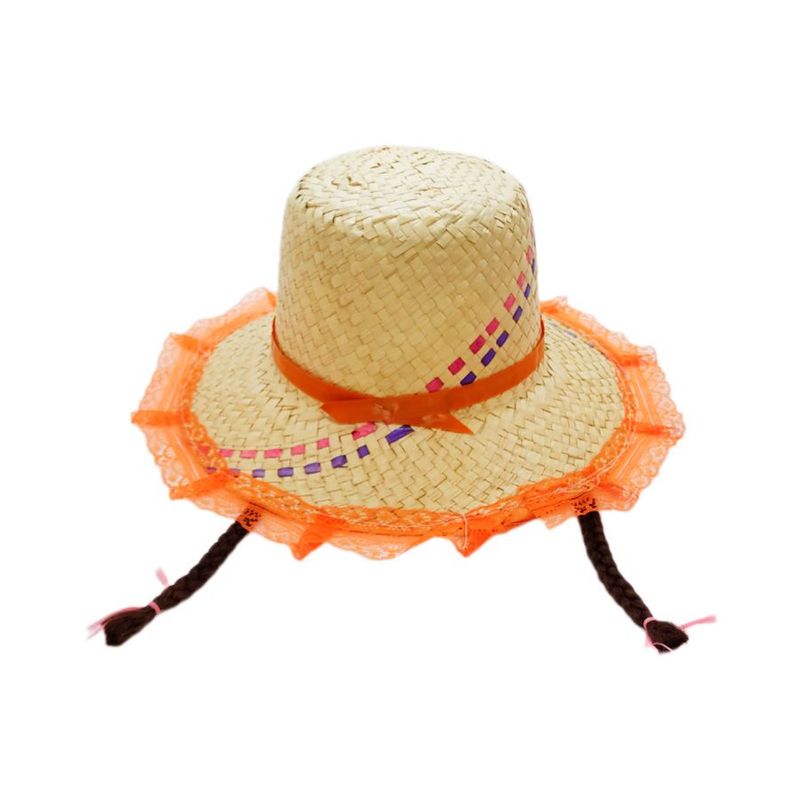 Chapéu de Palha de Renda com Trança - Laranja com Detalhes Roxo/Bege - 1 unidade - Magazine 25