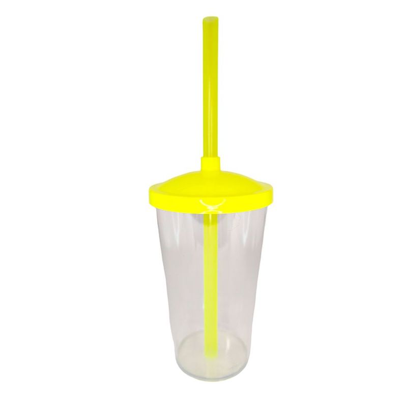 Copo de Plástico com Tampa e Canudo 300ml - Amarelo Neon - 1 unidade - Magazine 25