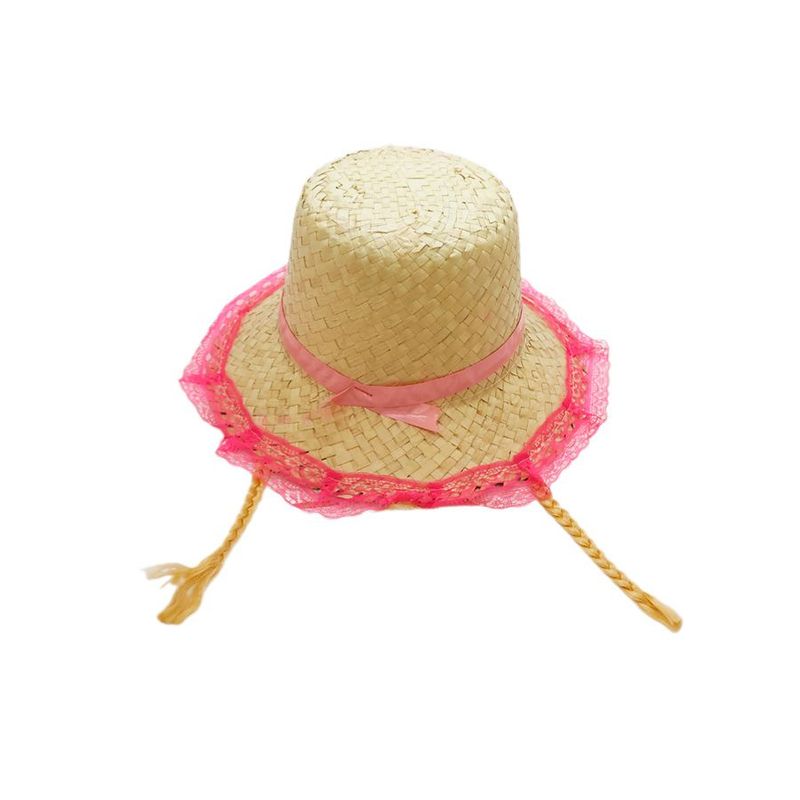 Chapéu de Palha de Renda com Trança - Rosa com Trança Loira - 1 unidade - Magazine 25