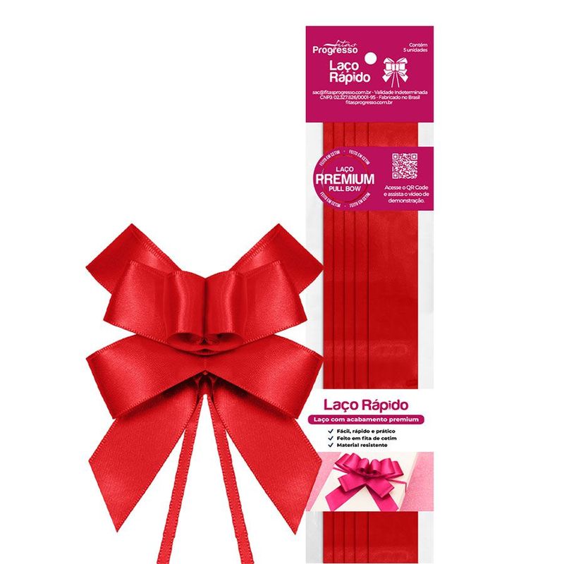 Laço Fácil de Fita de Cetim - Vermelho - 22mm - 5 unidades - Progresso - Magazine 25