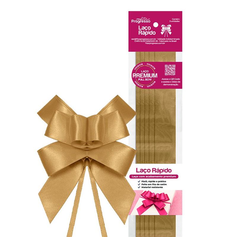 Laço Fácil de Fita de Cetim - Dourado - 22mm - 5 unidades - Progresso - Magazine 25