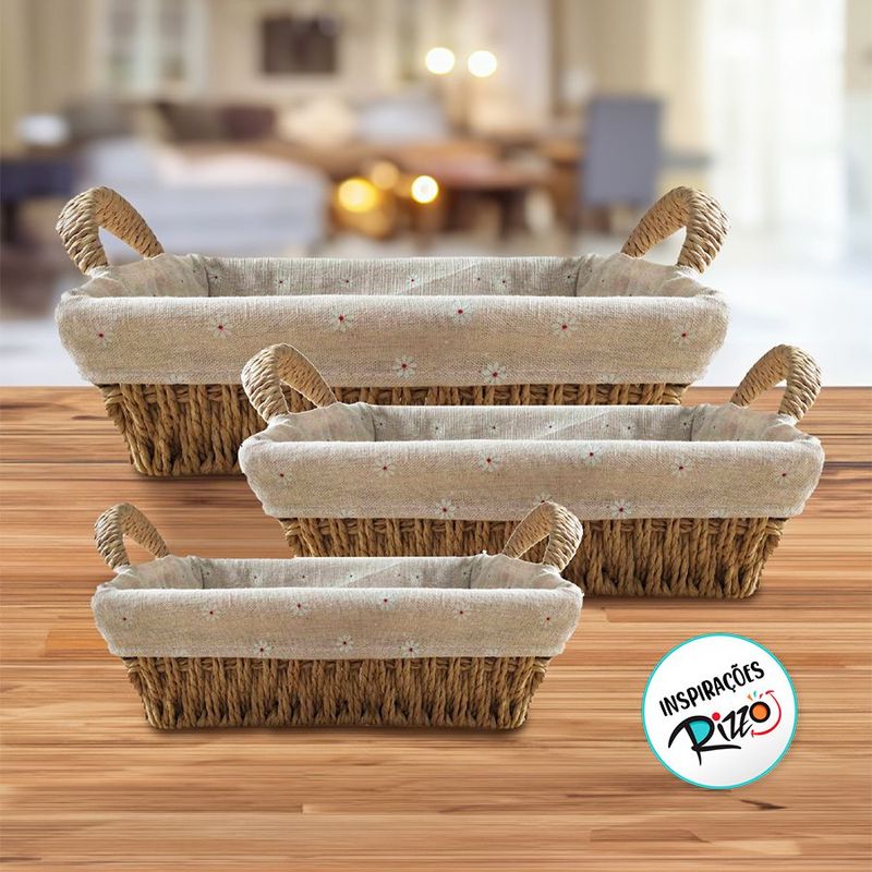 Kit Cesta Decorativa Acafate de Fibra Natural e Forro  - 3 unidades - Magazine 25