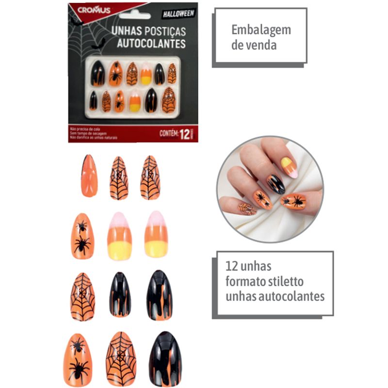 Unhas Postiças Autocolantes Noite de Halloween - Kit 12 Un