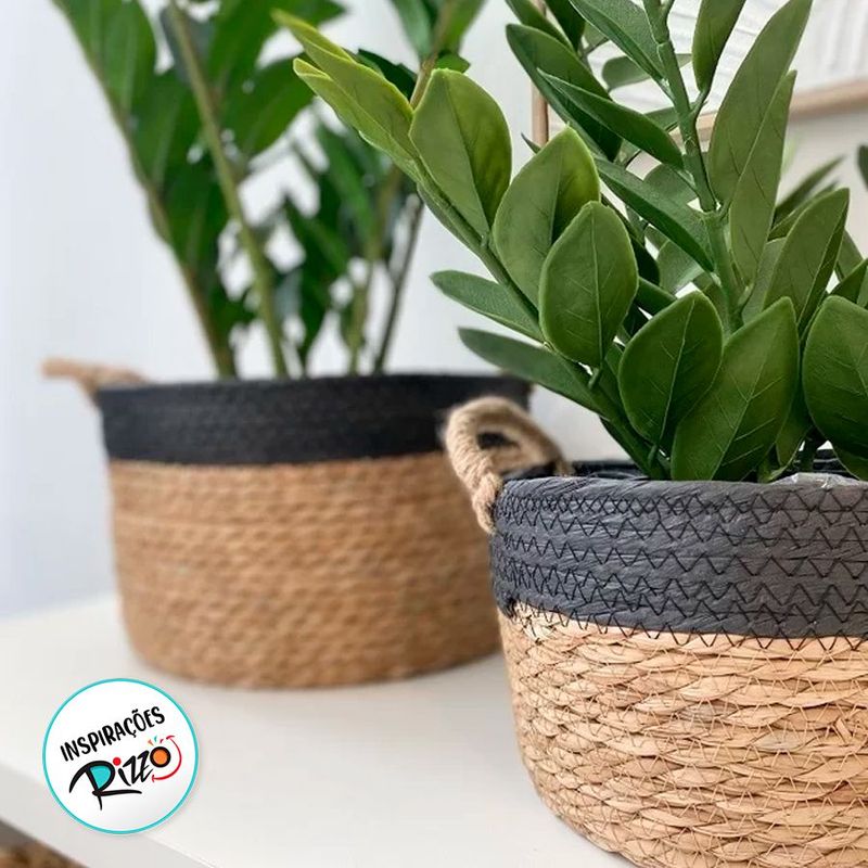 Cesto Decorativo Paracanas de Seagrass Natural e Preto com alça- 25x25x23cm - 1 unidade - Magazine 25