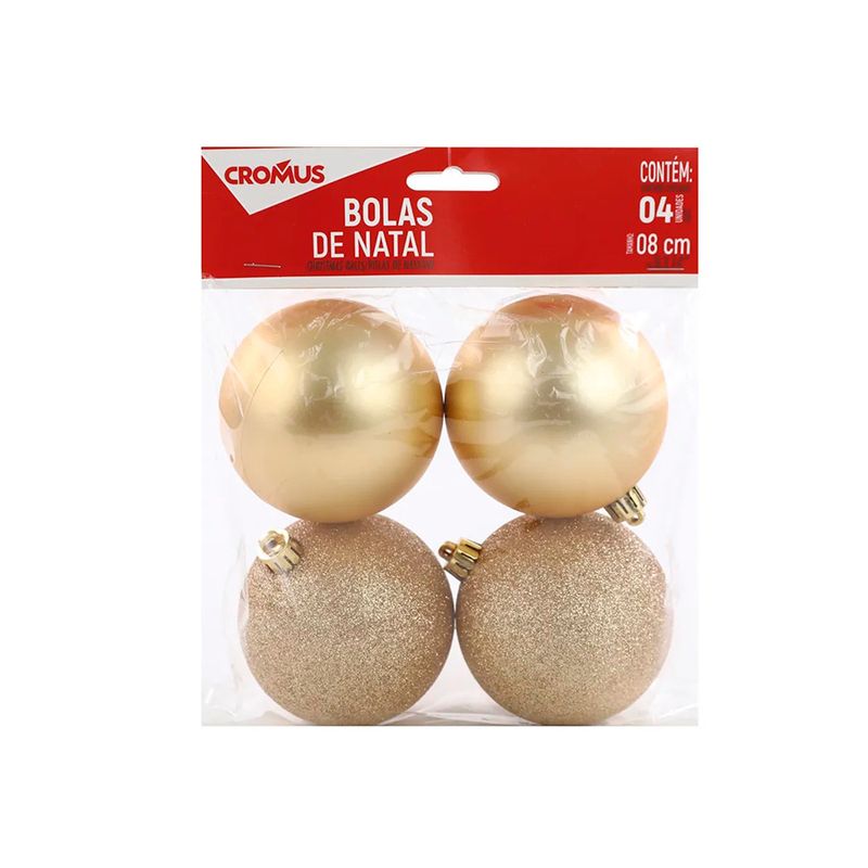 Bola de Natal com Glitter e Fosca - Ouro - 8cm - 4 unidades - Cromus - Magazine 25