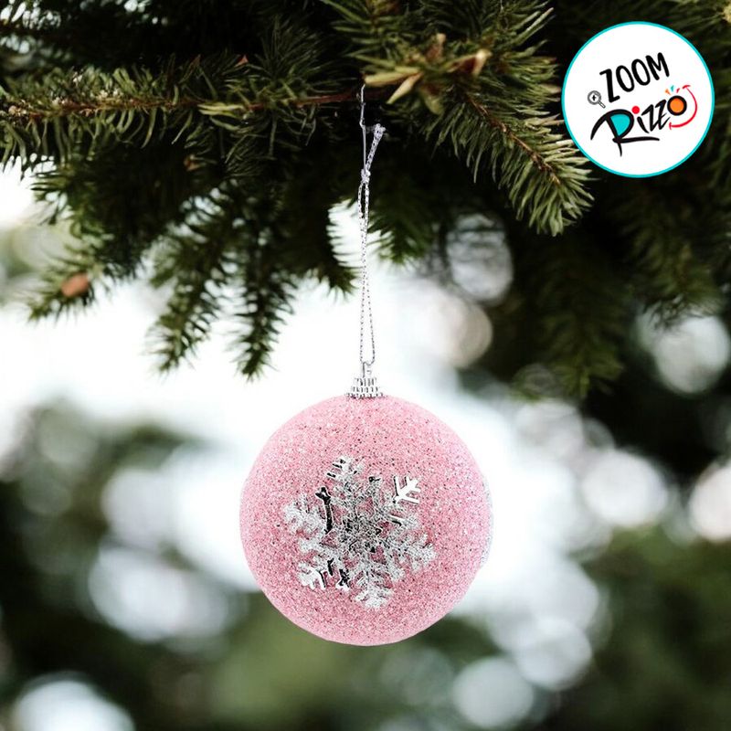 Bola de Natal Glitter - Rosa e Prata - Floco de Neve - 8cm - 6 unidades - Cromus - Magazine 25