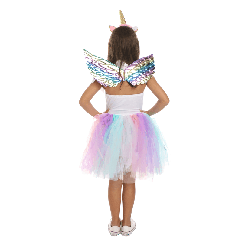 Fantasia de Unicórnio Infantil Vestido de Paetê e Tule com Asa e Tiara LED M