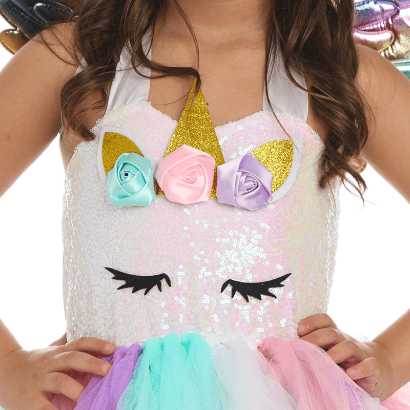 Fantasia de Unicórnio Infantil Vestido de Paetê e Tule com Asa e Tiara LED M