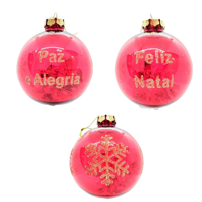 Bola de Natal Glitter - Vermelha - Frases - 10cm - 3 unidades - Magazine 25