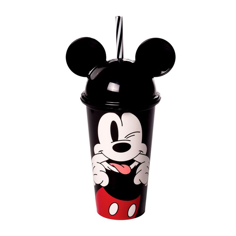 Copo de Plástico com Tampa e Canudo Orelha Mickey - 500ml - 1 unidade - Plasútil - Magazine 25