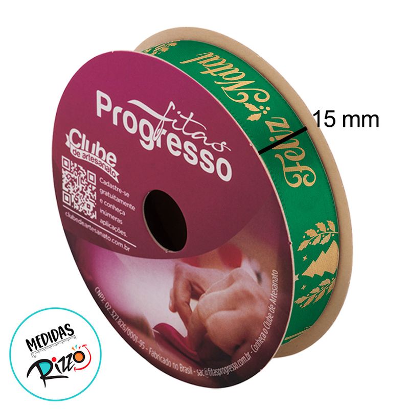 Fita de Cetim 10m x 15mm - Cor 491 - Verde com Frase Feliz Natal - Rolo 10 metros - 1 unidade - Progresso - Magazine 25