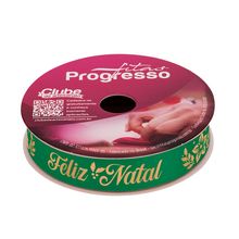 Fita de Cetim 10m x 15mm - Cor 491 - Verde com Frase Feliz Natal - Rolo 10 metros - 1 unidade - Progresso - Magazine 25