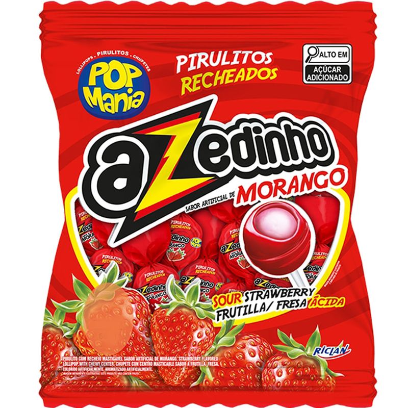 Pirulito Pop Mania Azedinho Morango Recheio Mastigável 500g - Riclan