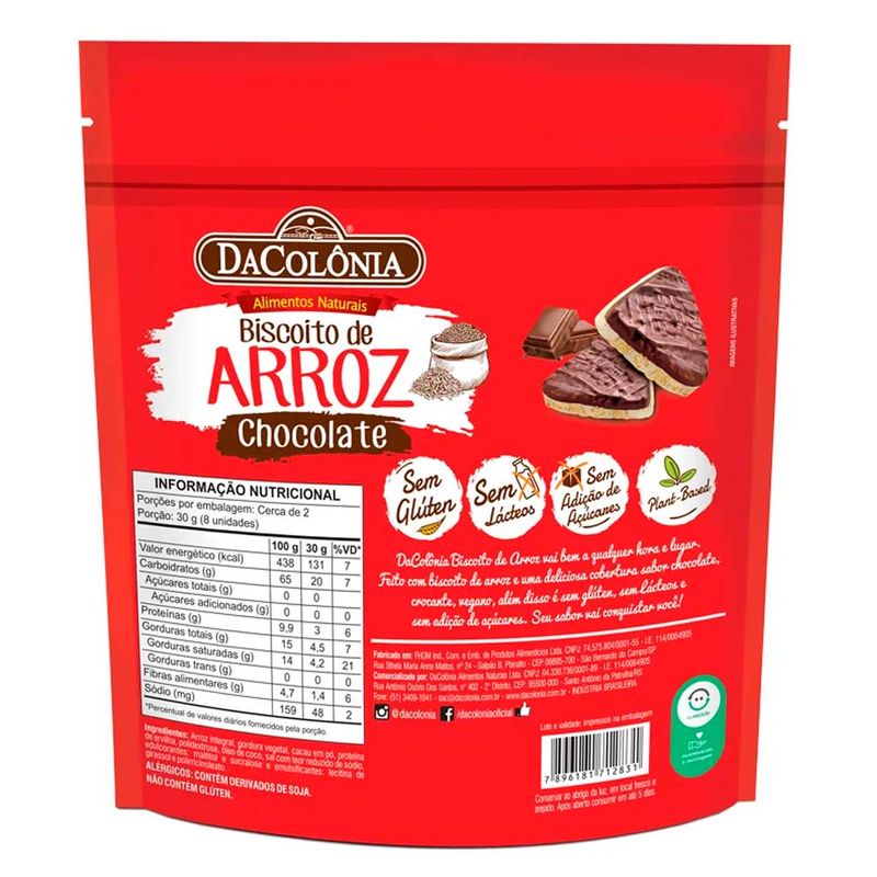 Biscoito de Arroz com Chocolate Zero Açúcar 50g - Dacolônia