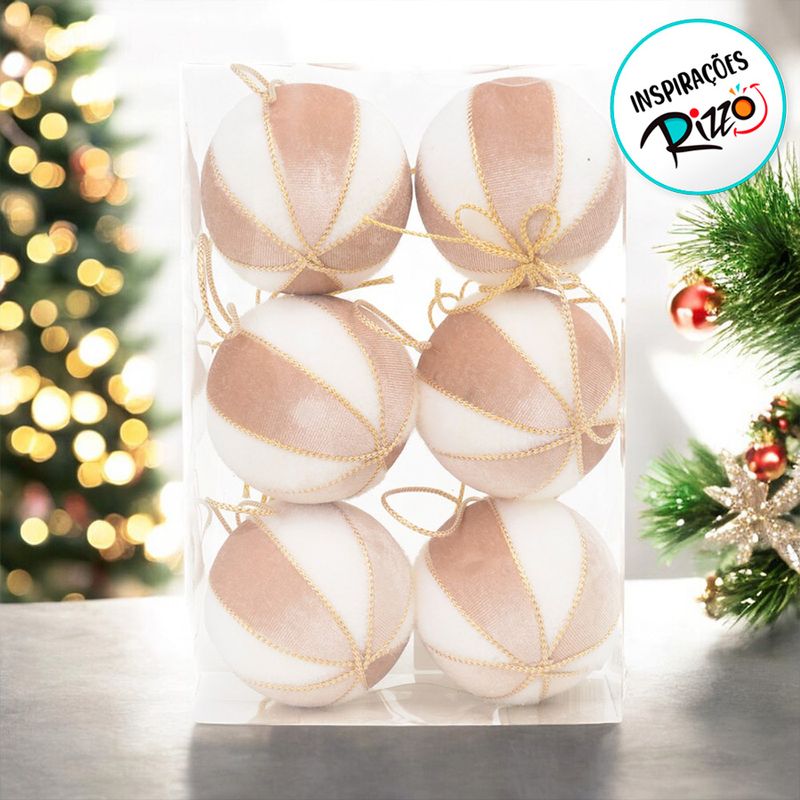 Bola de Natal de Veludo - Branco e Champanhe - 10cm  - 4 unidades - Cromus - Magazine 25