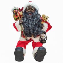 Papai Noel Negro Decorativo Sentado com Saco de Presentes e Lamparina - 45cm - 1 unidade - Magazine 25