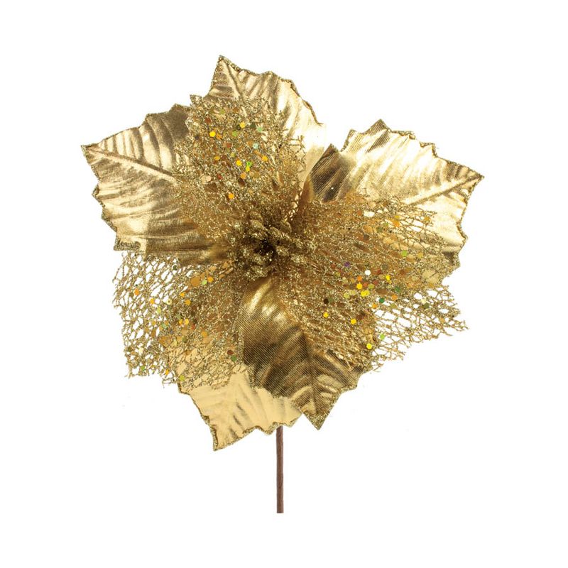 Poinsétia Decorativa - Branca com Glitter Dourado - 26cm - 1 unidade - Cromus - Magazine 25