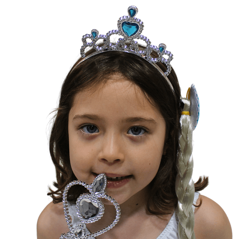 Kit Princesa do Gelo Saia Azul com Coroa Trança e Varinha