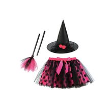 Kit Fantasia Halloween Infantil - Bruxinha Poá Rosa - 3 Peças