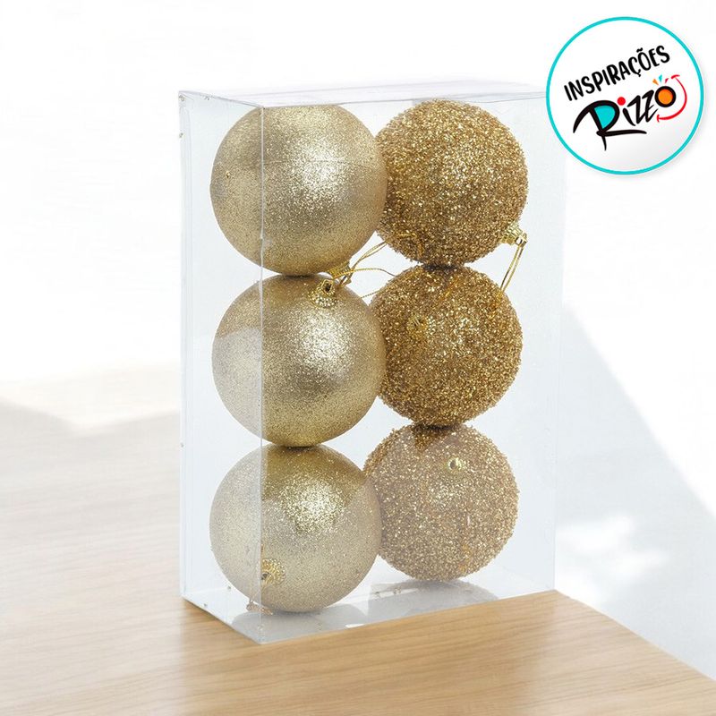 Bolas de Natal Glitter - Ouro - 8cm  - 6 unidades - Cromus - Magazine 25