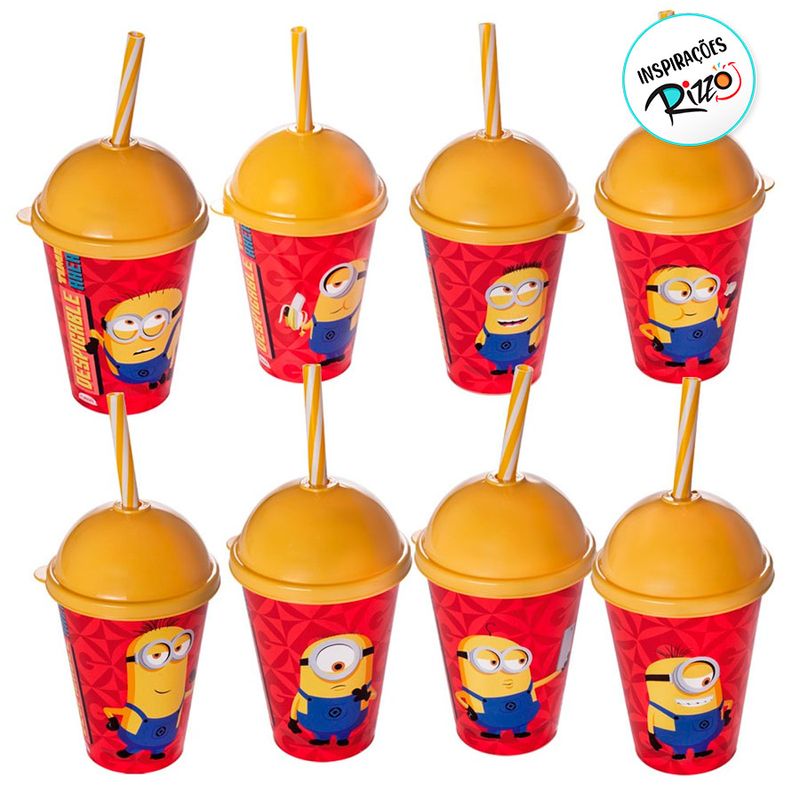 Copo com Tampa e Canudo - Minions Sorrindo e Comendo Maçã - 280ml - 1 unidade - Plasútil - Magazine 25