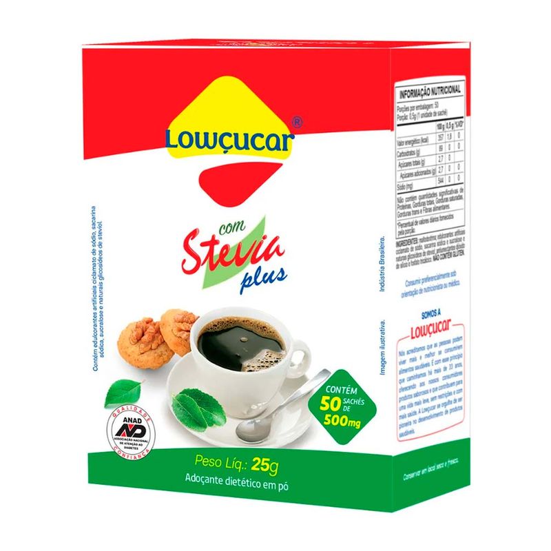 Adoçante Em Pó Plus com Stevia Sachê c/50 - Lowçúcar