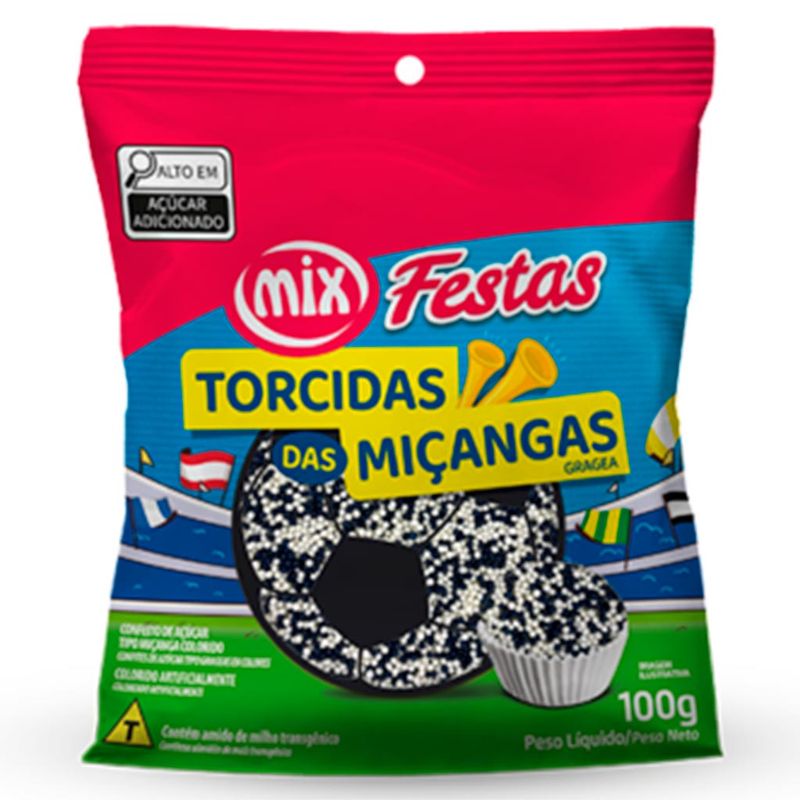 Confeito Miçanga Torcidas Branco e Preto 100g - Mix