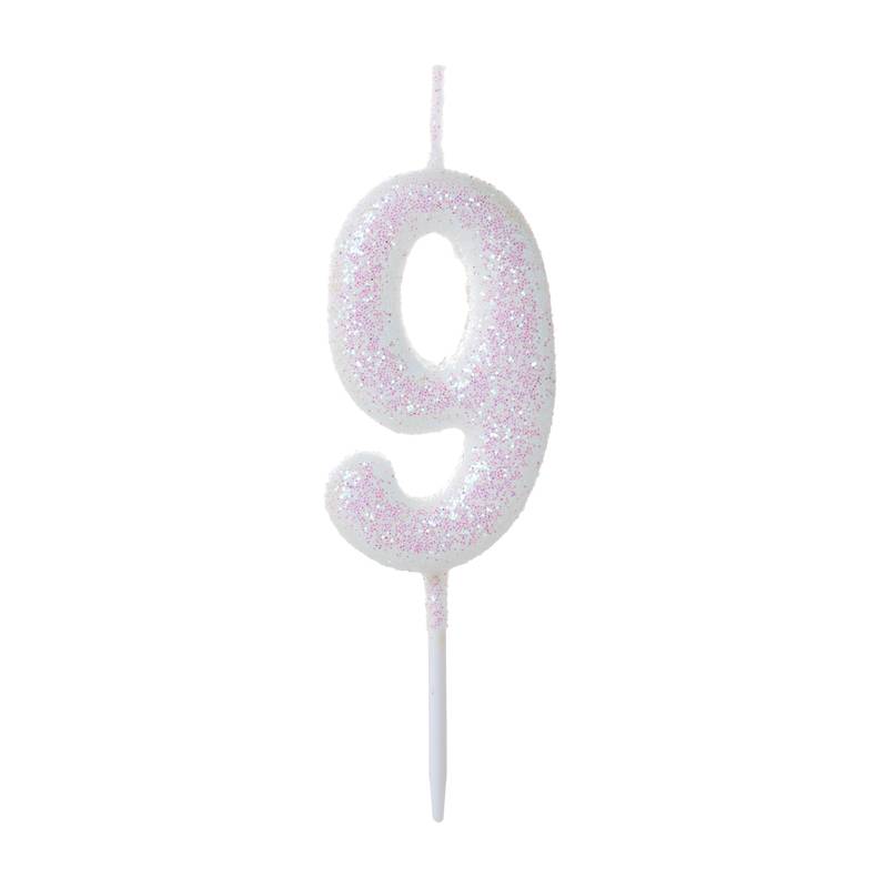 Vela Pequena Glitter Branca Número 9 - 1 Un