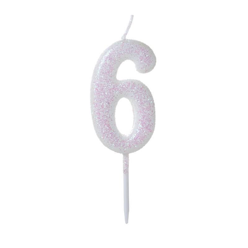 Vela Pequena Glitter Branca Número 6 - 1 Un