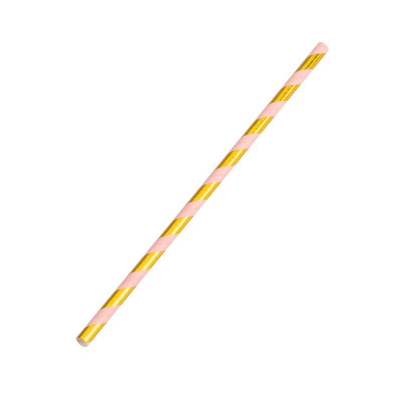 Canudo Papel Listrado Dourada com Rosa - 12 Un