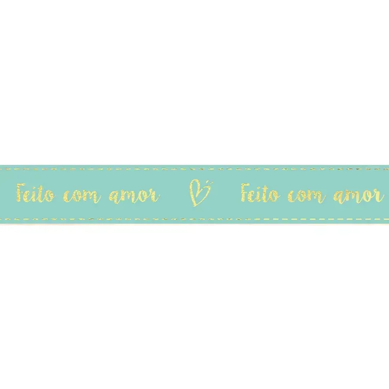 Fita Decorativa Cetim Estampado Feito Com Amor 21,5mmx30m Verde Água - 1 Un