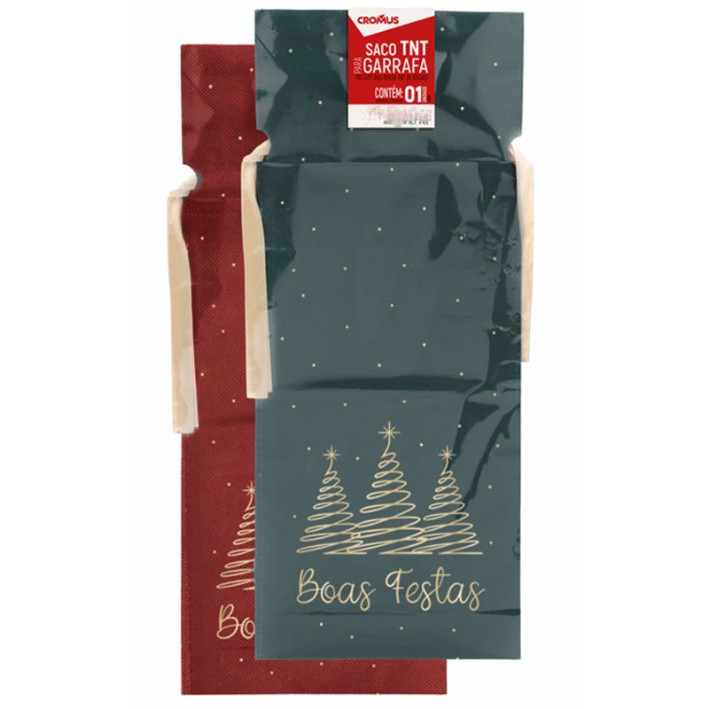 Saco de TNT com Laço Para Garrafa 16x40cm Boas Festas Composê - 8 Un