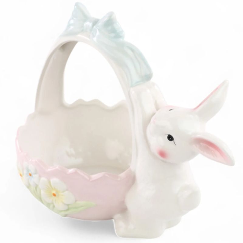 Coelho Decorativo de Cerâmica Cesta Florida com Alça 17,5x19,5x12cm - 1 Un
