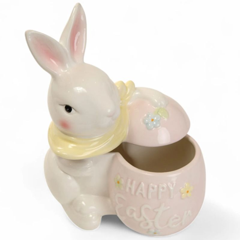 Coelho Decorativo de Cerâmica com Tampa Branco e Rosa 22x18x10,5cm - 1 Un