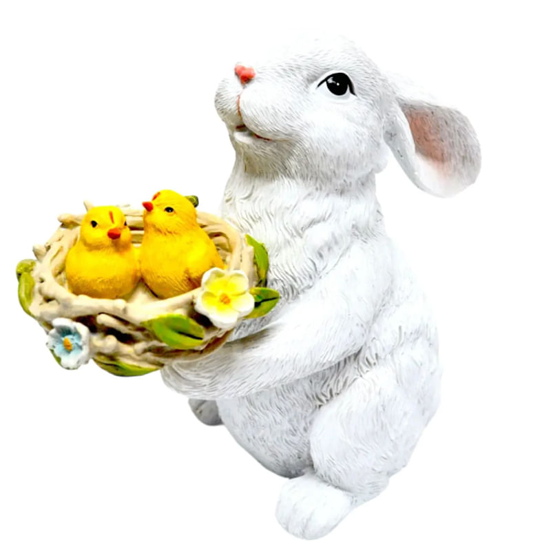 Coelho Decorativo de Resina com Pássaros na Cesta 18,5cm - 1 Un