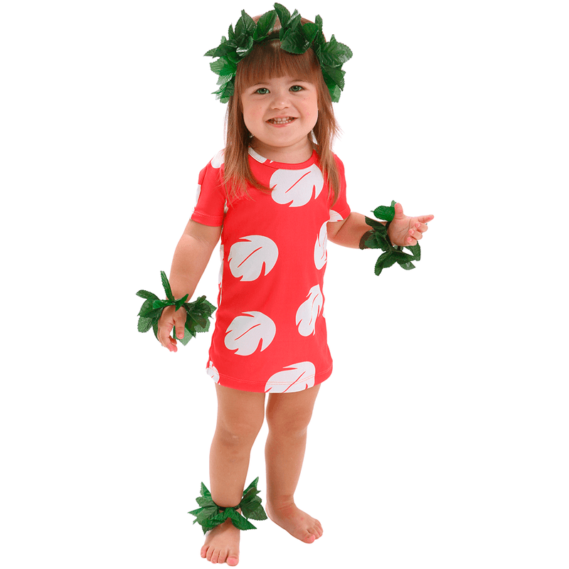 Fantasia Lilo Bebê Havaiana Vestido Vermelho com Folhas M