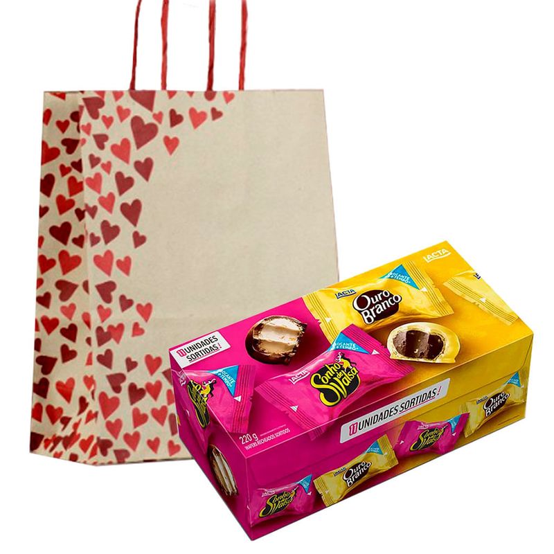 Kit Presente Corações - Caixa Sonho de Valsa e Ouro Branco + Sacola