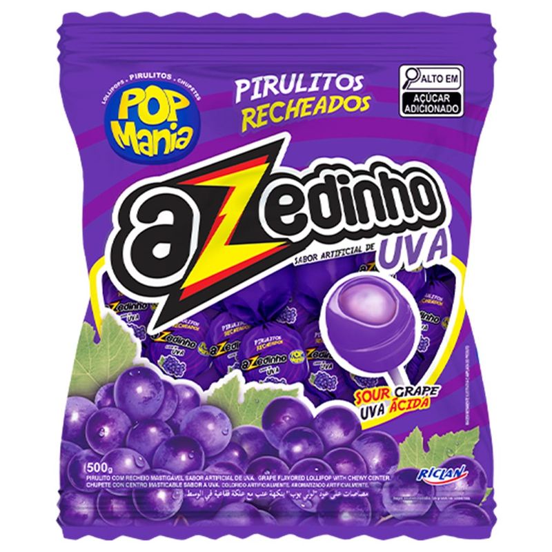 Pirulito Pop Mania Azedinho Uva Recheio Mastigável 500g - Riclan