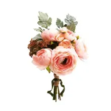 Flores Decorativas Permanentes - Ramalhete Ranúnculo 40cm Rosa/Verde - 6 Ramalhetes