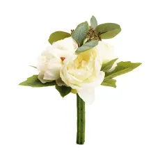 Flores Decorativas Permanentes - Peônias 30cm Branco/Verde - 6 Buquês
