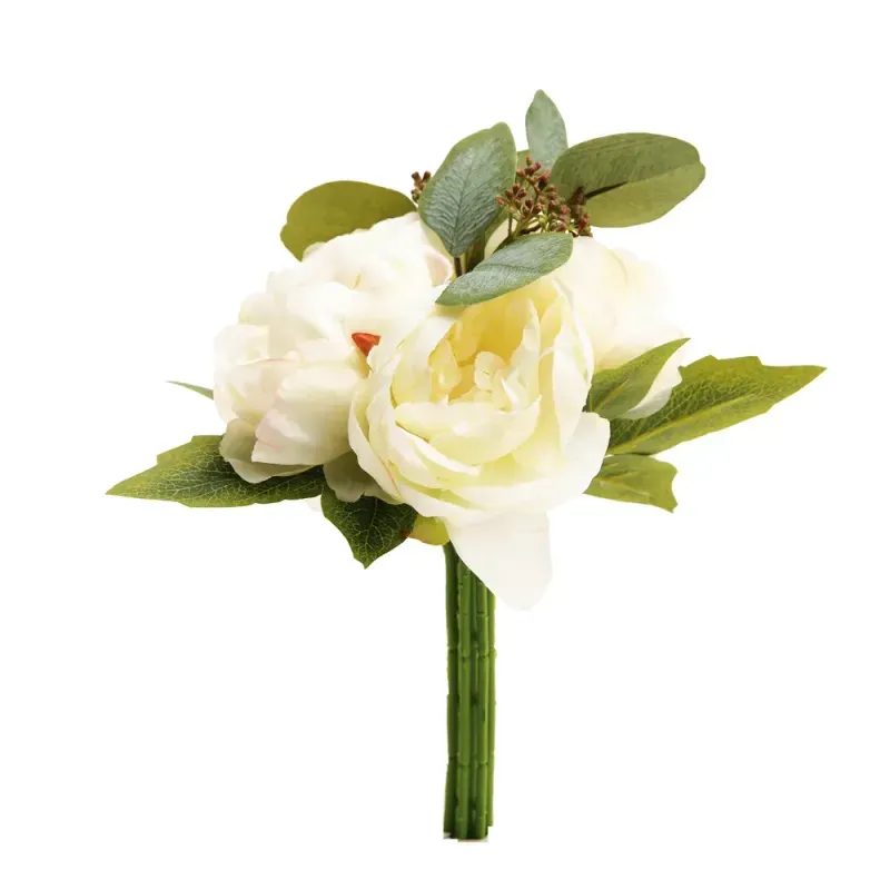 Flores Decorativas Permanentes - Peônias 30cm Branco/Verde - 6 Buquês