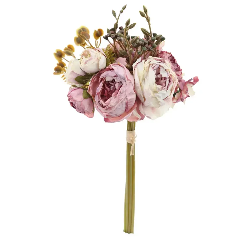 Flores Decorativas Permanentes - Buquê Misto Flores 32cm Rosa Velho/Rosa Chá/Verde - 6 Buquês